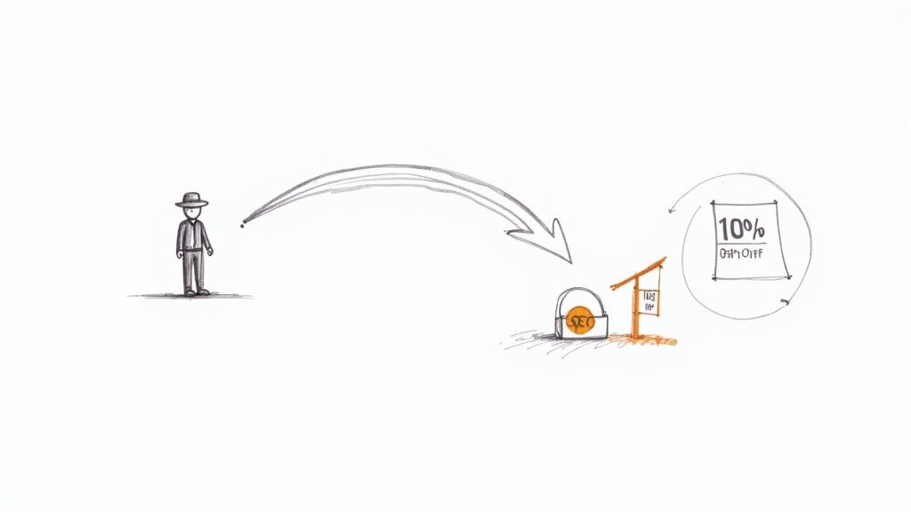 Diagram illustrating collaboration between SEO and PPC strategies with person, construction site, and percentage icon