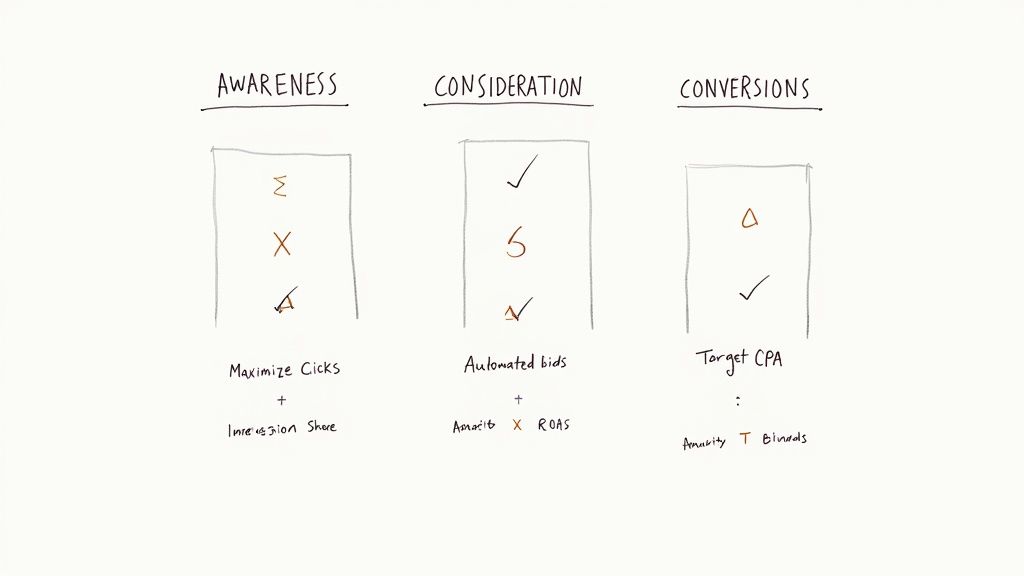 Diagram illustrating Google Ads bidding strategies across Awareness, Consideration, and Conversion stages of a marketing funnel.