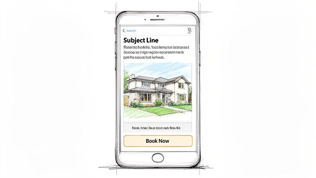 A sketch of a smartphone displaying an email campaign with a house image and a 'Book Now' button.