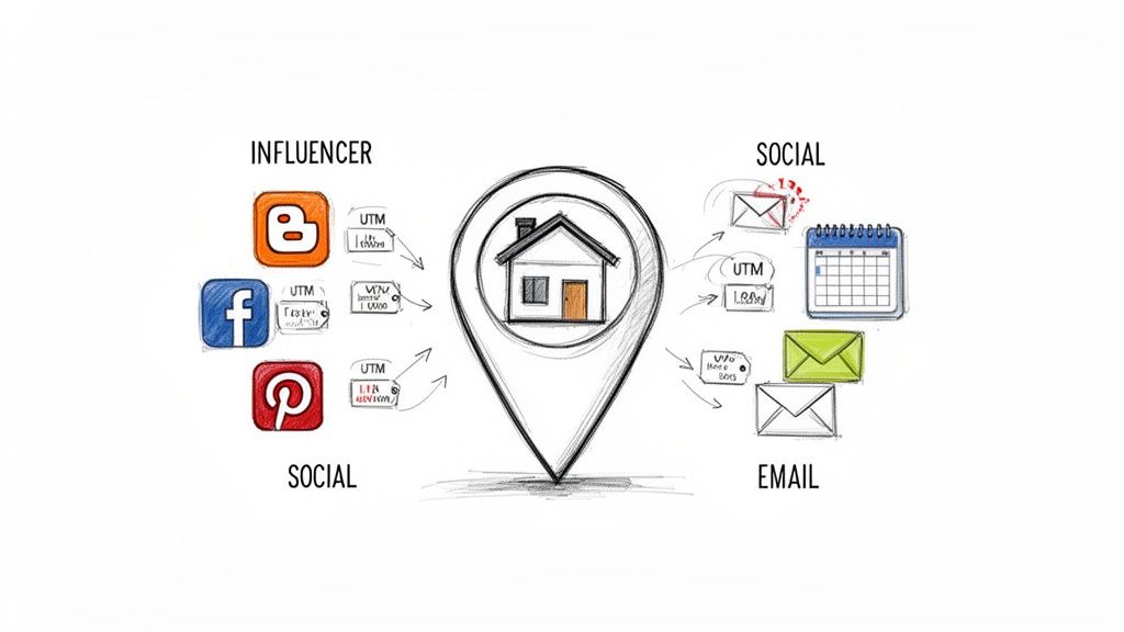 Diagram showing how influencer, social media, and email channels with UTM tracking lead to a central house icon.