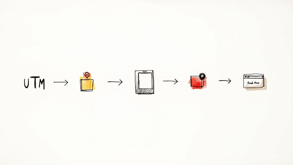 Marketing attribution workflow diagram showing UTM tracking to location pin to device to purchase conversion
