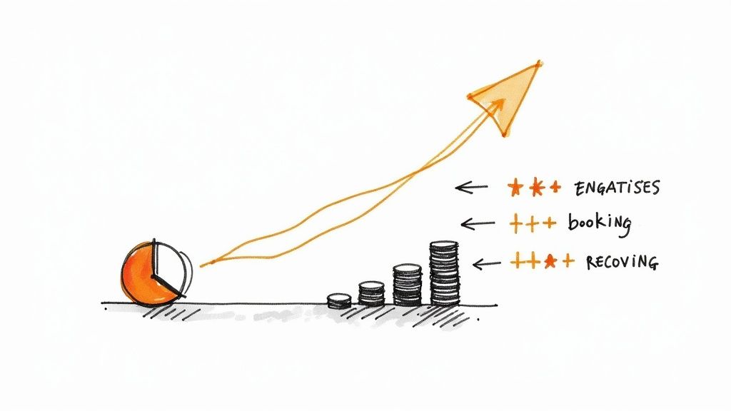 A host smiling while looking at booking notifications on a phone, representing increased revenue from good reputation management.