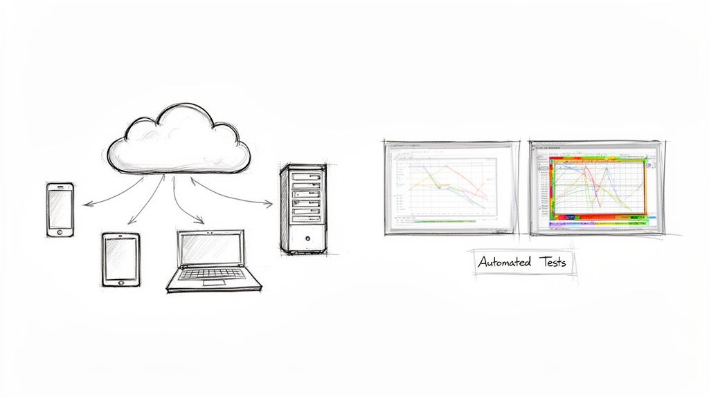 Hand-drawn sketch illustrating cloud computing infrastructure with various devices, a server, and two screens displaying automated test results.