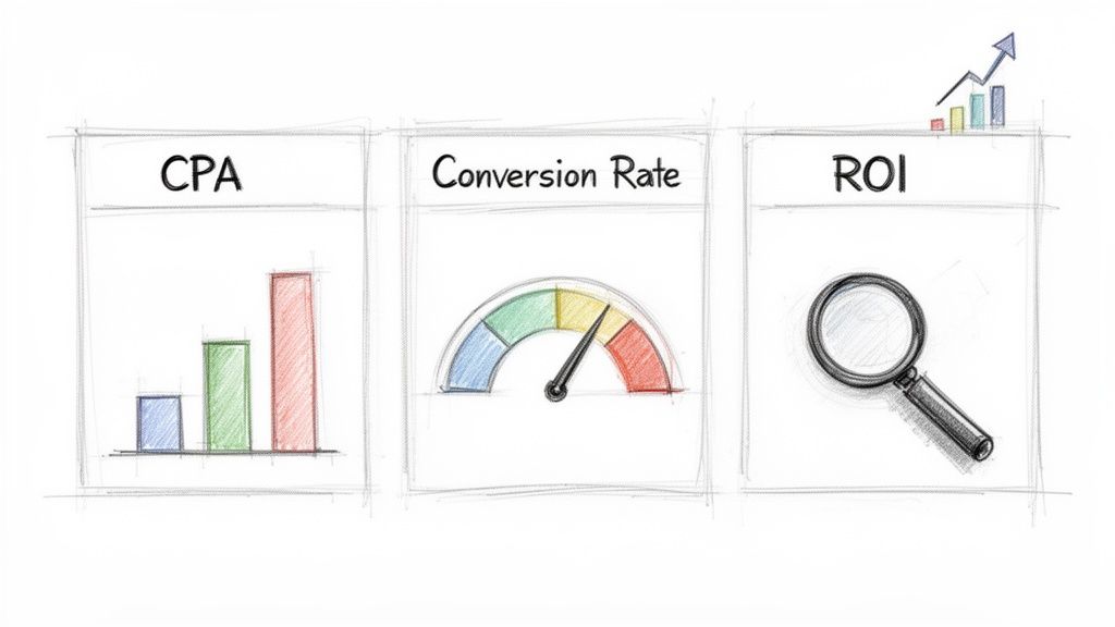 Sketch of three panels showing business metrics: CPA, Conversion Rate, and ROI with charts and a magnifying glass.