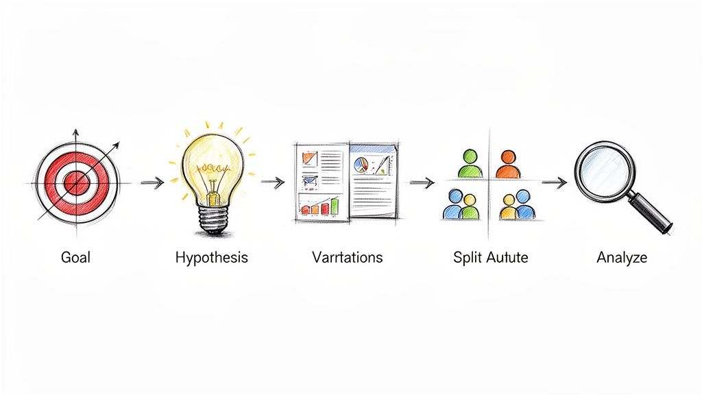 Visual representation of the A/B testing process: goal, hypothesis, variations, audience split, and analysis.