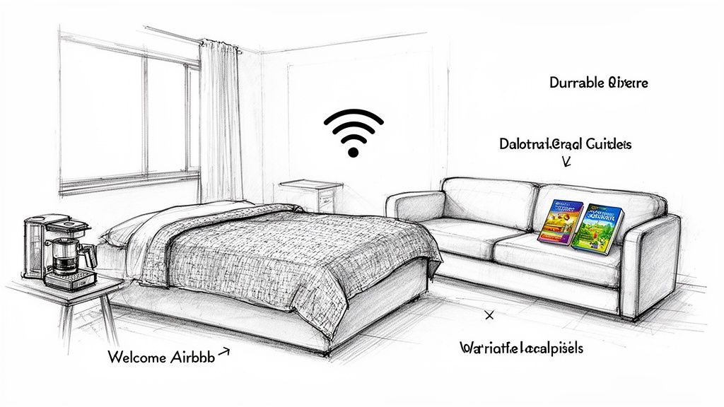 A black and white sketch of a cozy Airbnb room with a bed, coffee machine, and sofa.