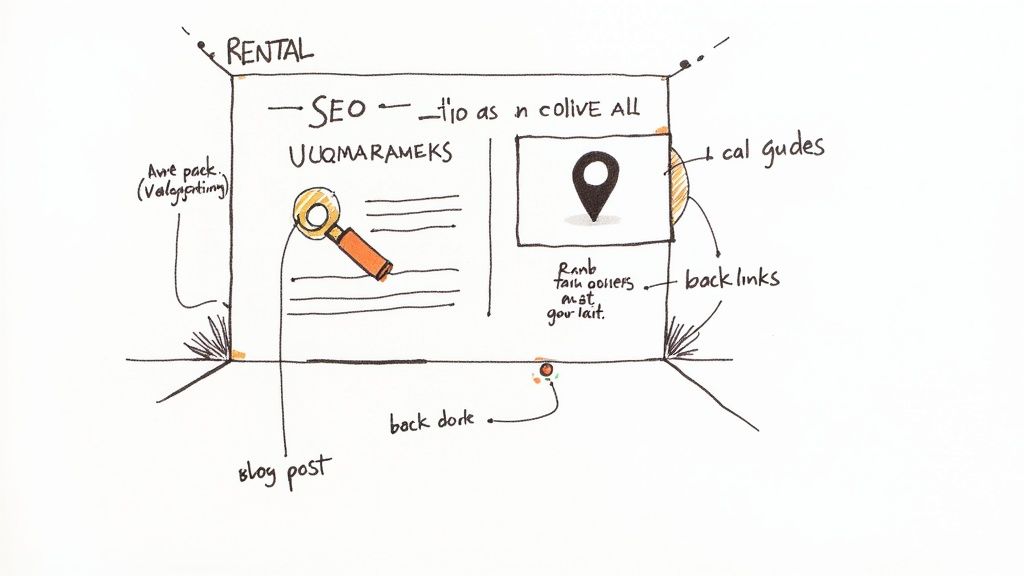 Hand-drawn diagram illustrating SEO strategies for vacation rental marketing including backlinks and local guides