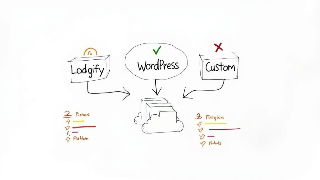 A person sitting at a desk, comparing different website builder options on a laptop screen for their short-term rental business.