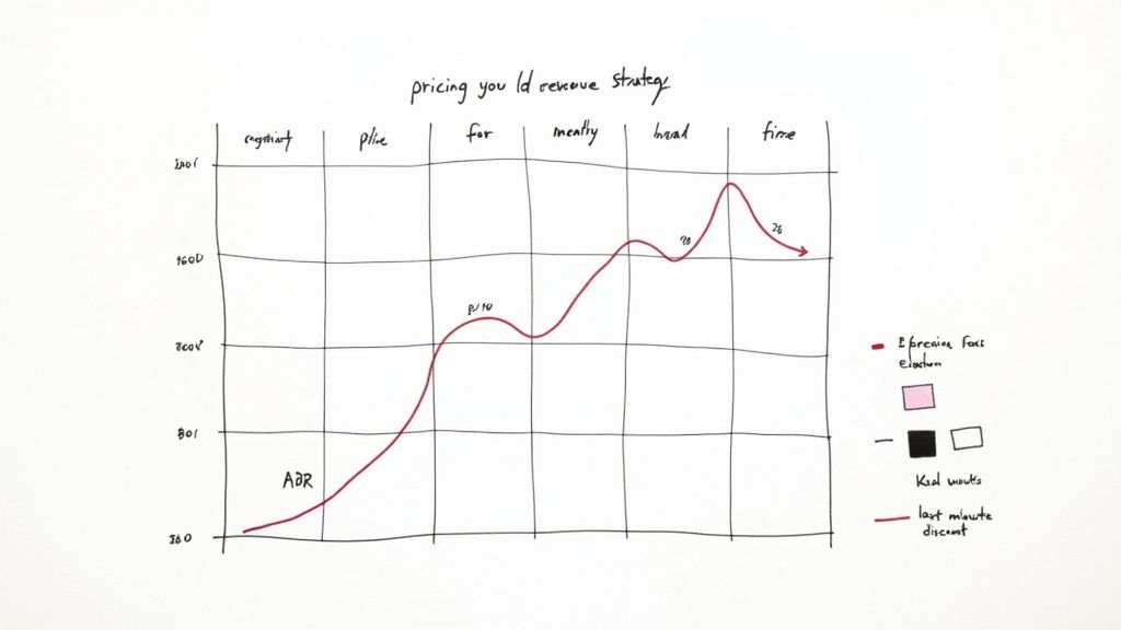 Hand-drawn graph illustrating a pricing and revenue strategy with an ADR curve over time.