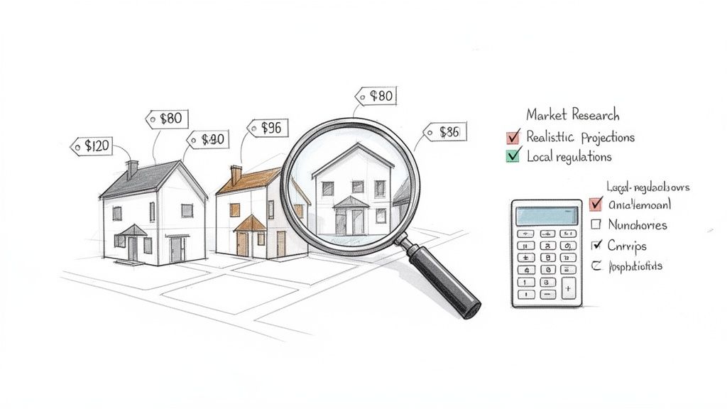 An illustration of houses with price tags, a magnifying glass, and market research checklist with a calculator.