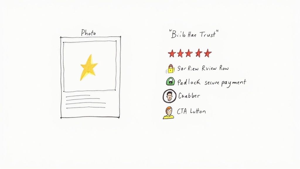 Hand-drawn sketch of a web page element featuring a photo placeholder, star rating, and feature icons.