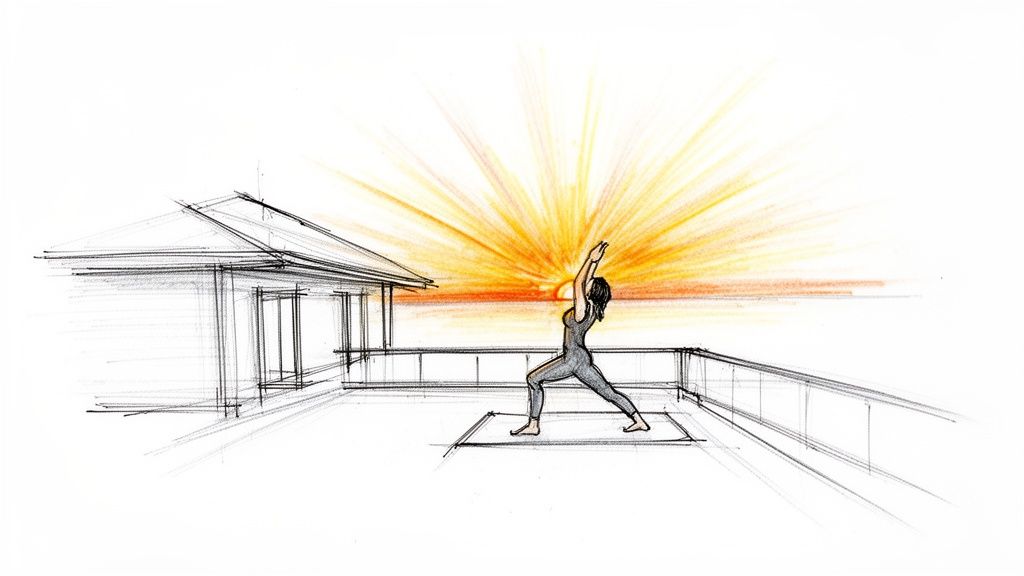 A person performing a yoga pose on a rooftop at sunrise, with a building structure.