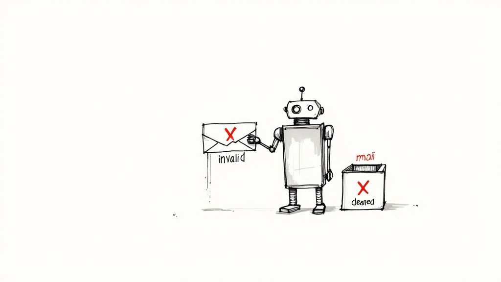 A robot holds an envelope marked 'invalid mail' next to a bin for 'cleaned mail'.