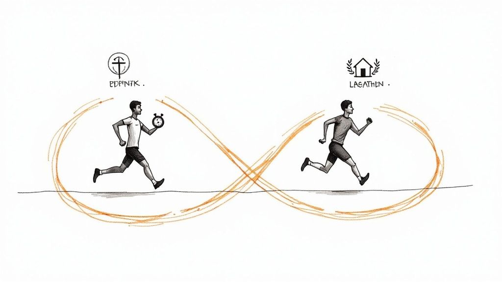 Two runners on infinity loop representing SEO and PPC collaboration working together continuously