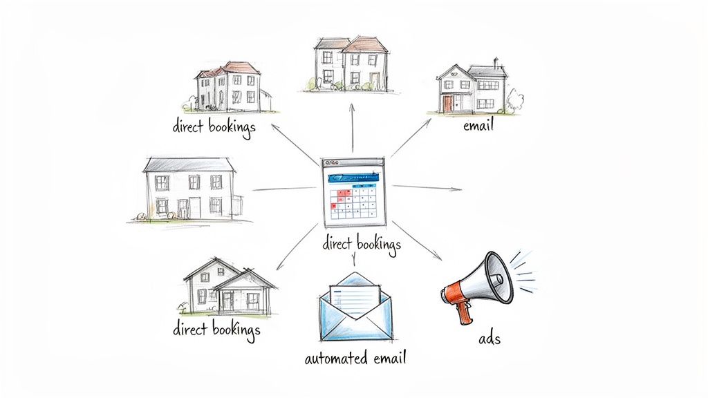 A diagram shows a central booking calendar connected to multiple houses and various marketing channels like direct bookings, email, and ads.