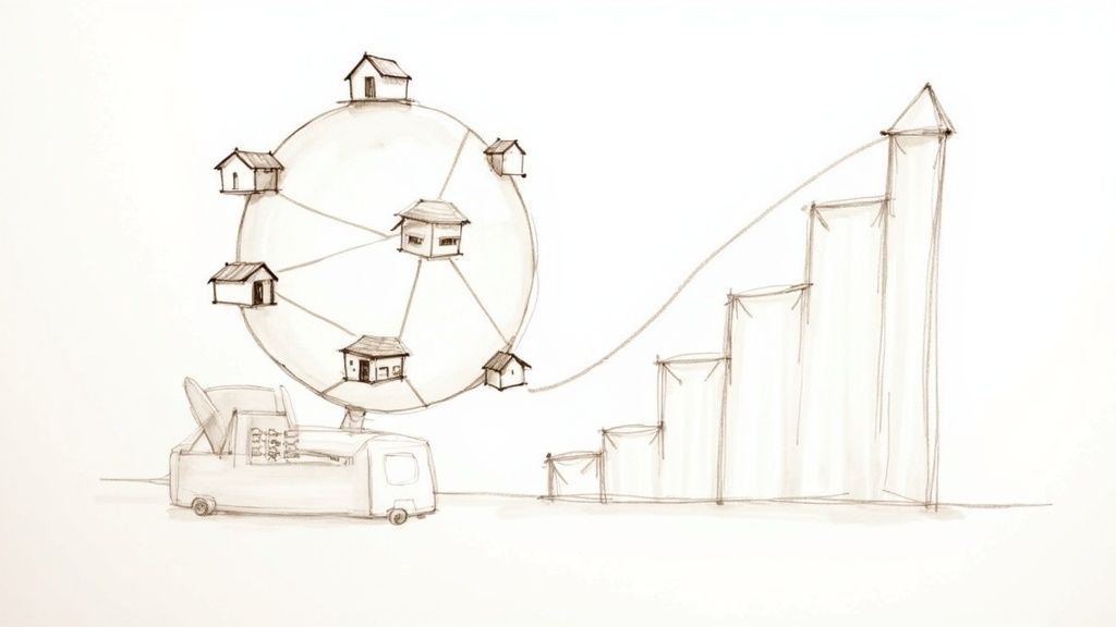 Sketch of a property network on a sphere, connected by a truck and satellite, leading to growth.