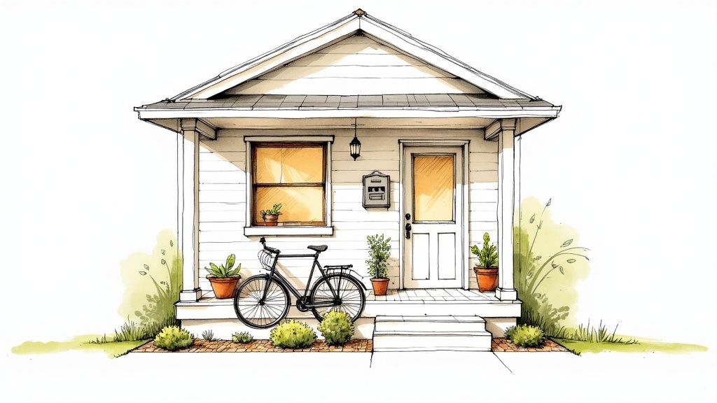 A detailed watercolor sketch of a cozy white house with a porch, bicycle, and potted plants.