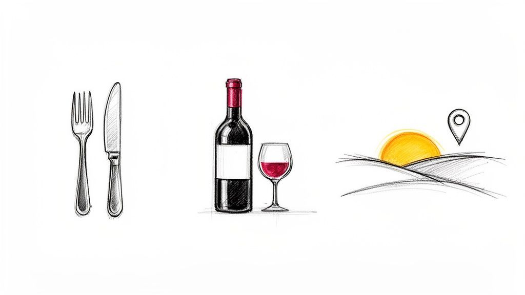 A sketch featuring dining cutlery, a bottle of red wine with a glass, and a scenic sunset landscape with a location pin.