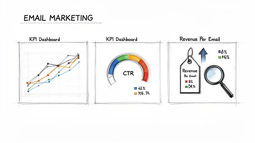 Hand-drawn email marketing dashboards displaying KPIs, CTR, and revenue per email metrics.