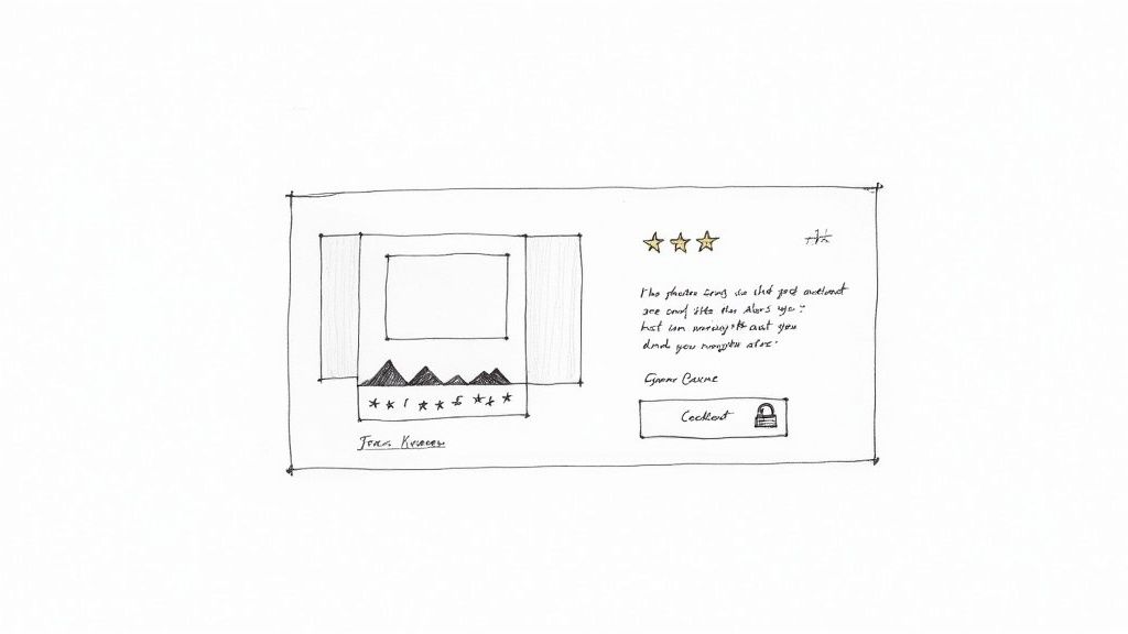 Hand-drawn wireframe sketch of vacation rental property listing with photo, star rating, and guest review