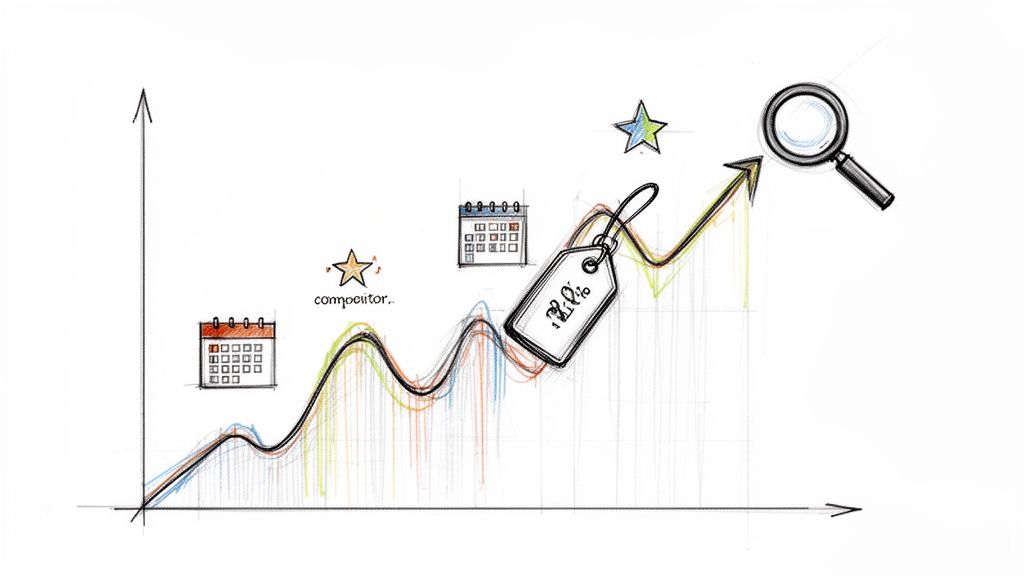 Hand-drawn graph illustrating business growth, competitor analysis, pricing, and market research.