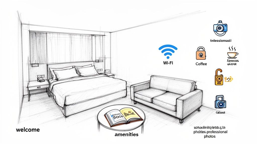 A monochrome sketch of an Airbnb room showing a bed, sofa, and icons for Wi-Fi and other amenities.