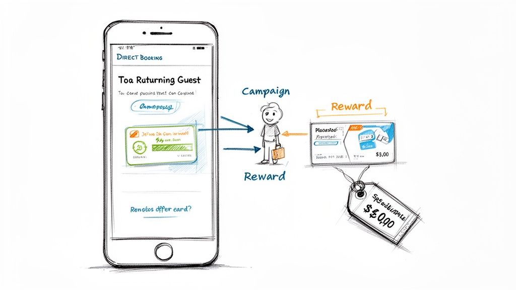 A diagram illustrating a mobile app's direct booking campaign and loyalty reward system for guests.