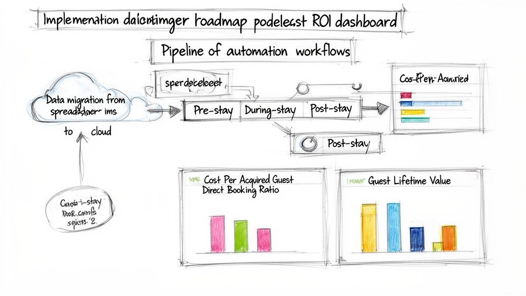A hand-drawn diagram illustrating an automation workflow pipeline with guest stages and ROI dashboards.