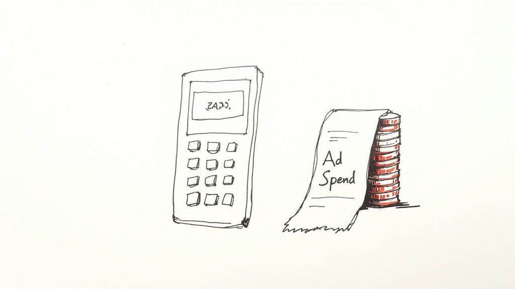 An image showing a calculator, graphs, and financial symbols, representing the calculation of marketing ROI.