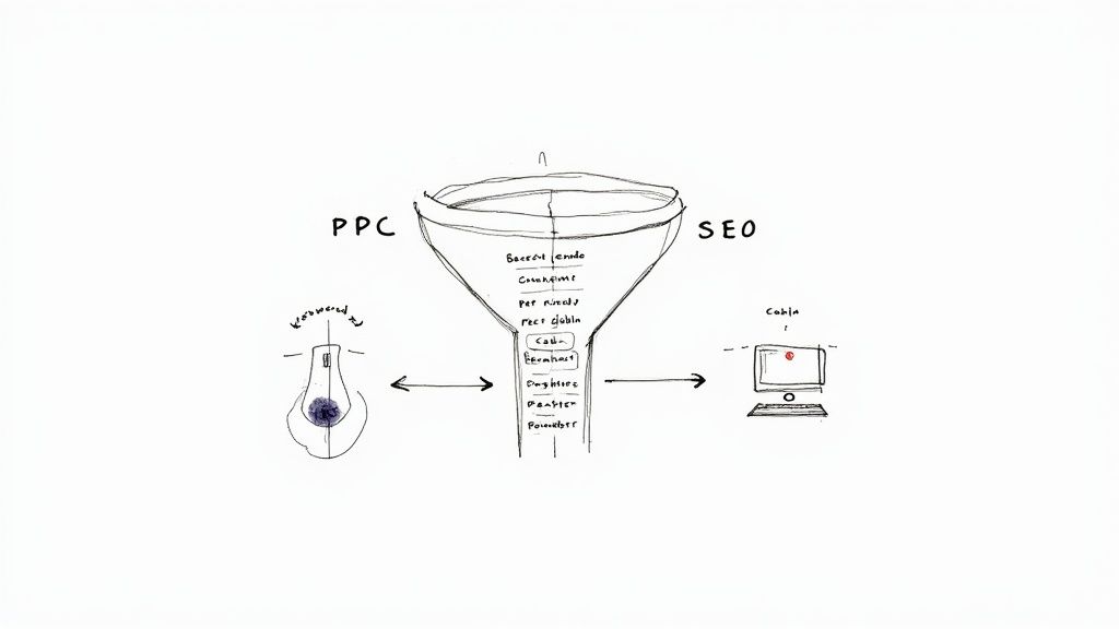 Marketing funnel diagram showing PPC and SEO collaboration with lightbulb and cable computer illustration