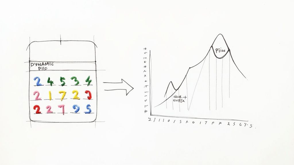 Hand-drawn illustration showing a dynamic number grid transforming into a line graph with a peak labeled 'Pile'.