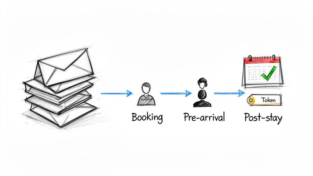 A sketch illustrating a customer journey process from initial inquiries, booking, pre-arrival, to post-stay phases.