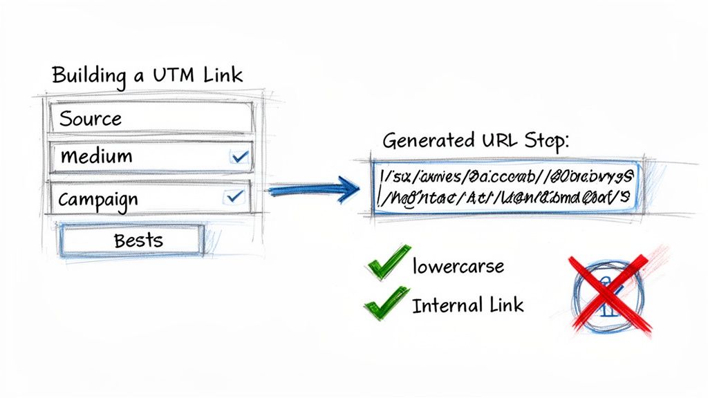 Diagram illustrating the process of building a UTM link with source, medium, and campaign parameters, showing a generated URL and best practices.