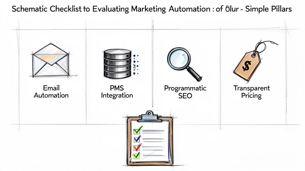 Schematic checklist for evaluating marketing automation, highlighting email, PMS integration, programmatic SEO, and transparent pricing.