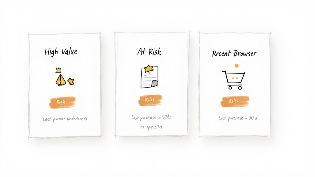 Three cards displaying customer segmentation: High Value, At Risk, and Recent Browser, each with specific rules.