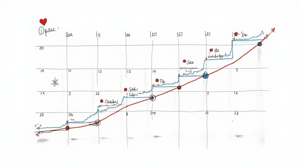 Hand-drawn business growth chart showing upward trend with milestones and annotations on graph paper