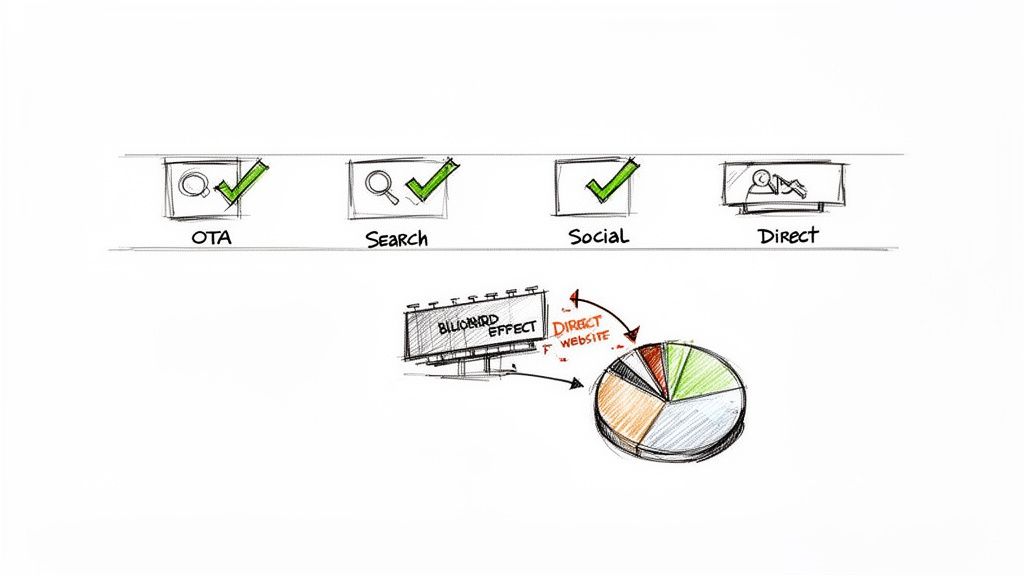 Hand-drawn diagram of online marketing channels (OTA, Search, Social, Direct) and the billboard effect on website traffic.