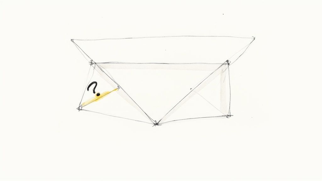 A hand-drawn sketch of an open envelope with a question mark and yellow highlight.