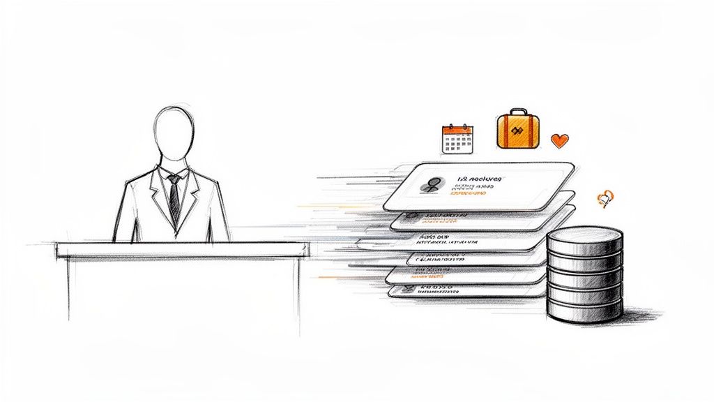 Sketch illustrating a person managing customer data, flowing into a database with calendar, briefcase, and heart icons.