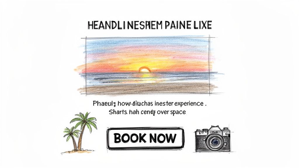 Hand-drawn travel advertisement featuring a colorful sunset over the ocean, palm trees, a vintage camera, and a 'BOOK NOW' button.