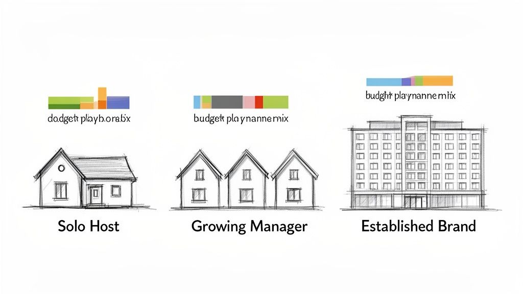 Three sketches illustrate solo host, growing manager, and established brand vacation rental businesses with diverse budget mixes.