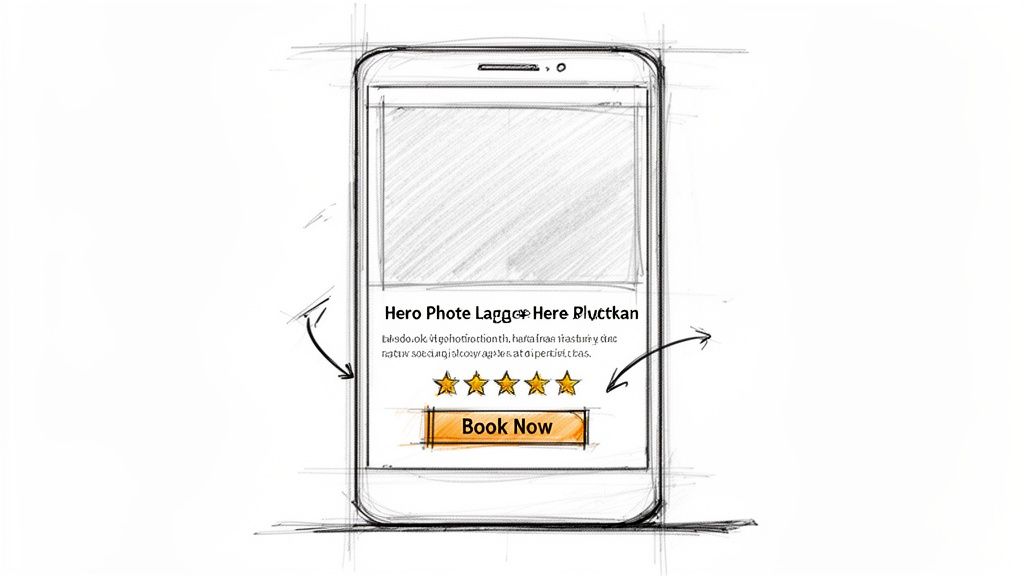 Sketch of a smartphone screen displaying a mobile ad with a hero image, title, text, five-star rating, and 'Book Now' button.