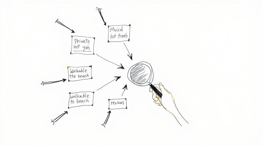 A hand holds a magnifying glass over various vacation rental criteria like private hot tub, walkable beach, and reviews.