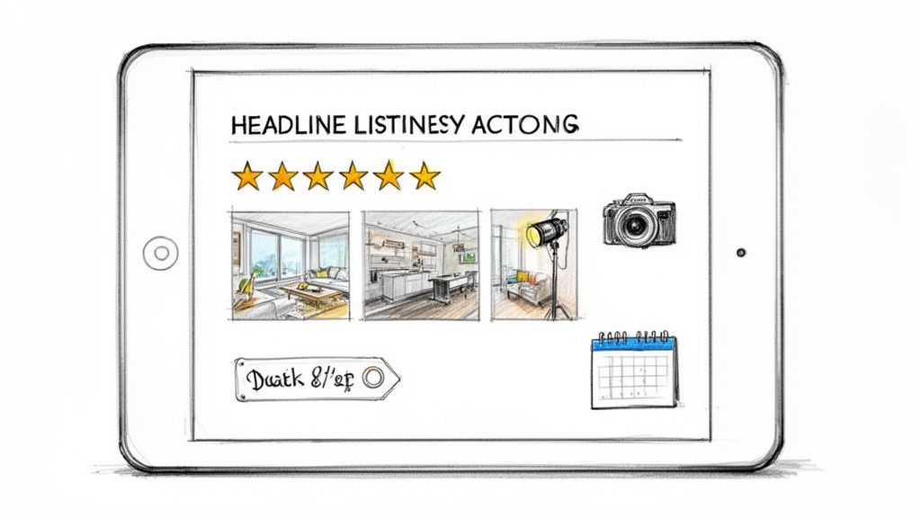 A sketch of a tablet displaying an online listing with a 5-star rating, three interior photos, and a calendar.