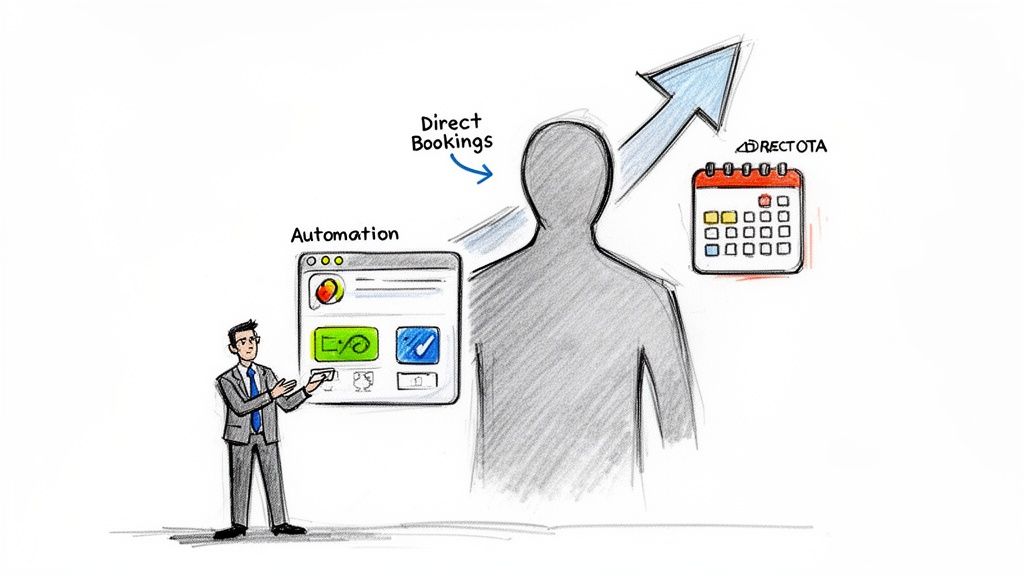A man explains automation software, leading to direct bookings and growth, with a calendar representing OTAs.
