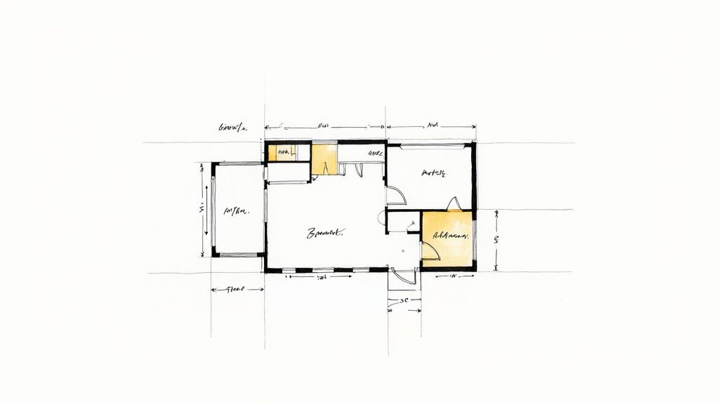 Hand-drawn floor plan sketch of a small dwelling, showing room labels, dimensions, and highlighted areas.