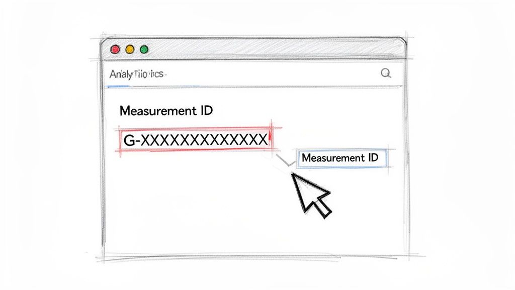 Sketch of an analytics interface showing a 'Measurement ID' input field with a tracking code.