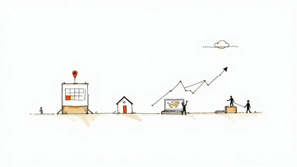 Woman working on a laptop in a bright, modern vacation rental living room