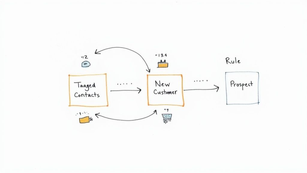 Diagram illustrating email list segmentation and customer journey from tagged contacts to new customers and prospects.