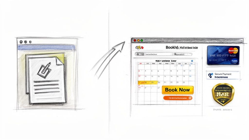 Sketch illustrating the transformation from a document idea into a detailed online booking website interface.